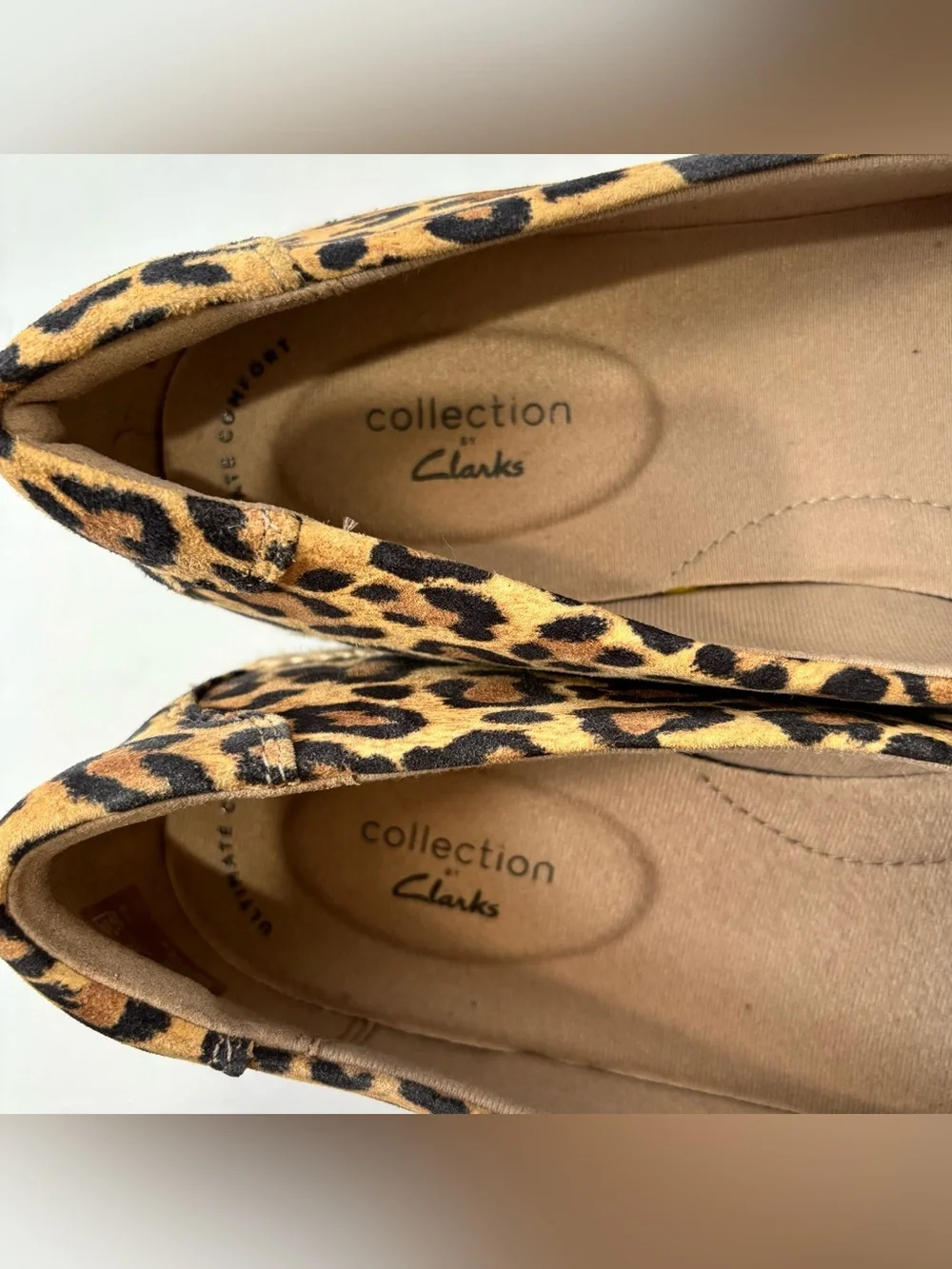 CLARKS Tan Leopard Print Suede Danelly Sky Espadrille Perforated Slip On Flats